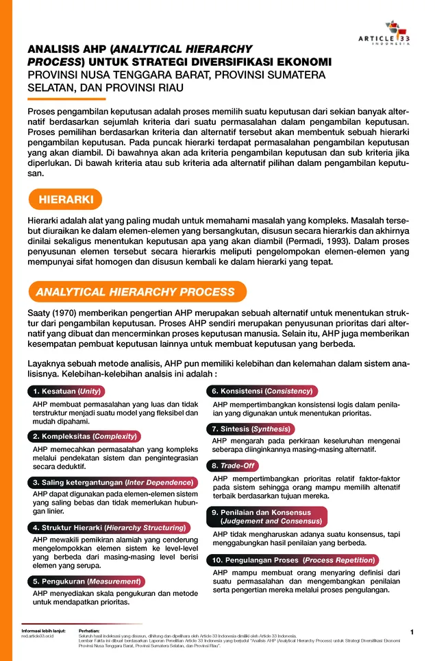 Lembar Fakta 4: Analisis AHP (Analytical Hierarchy Process) untuk Strategi Diversifikasi Ekonomi di Nusa Tenggara Barat, Sumatera Selatan dan Riau